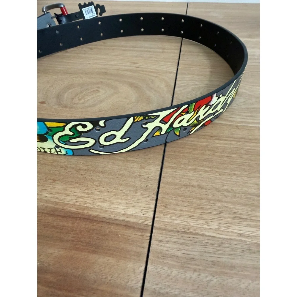 Ed Hardy Mens Tattoo Graphic Studded Belt Grey Skull Rose Size 38